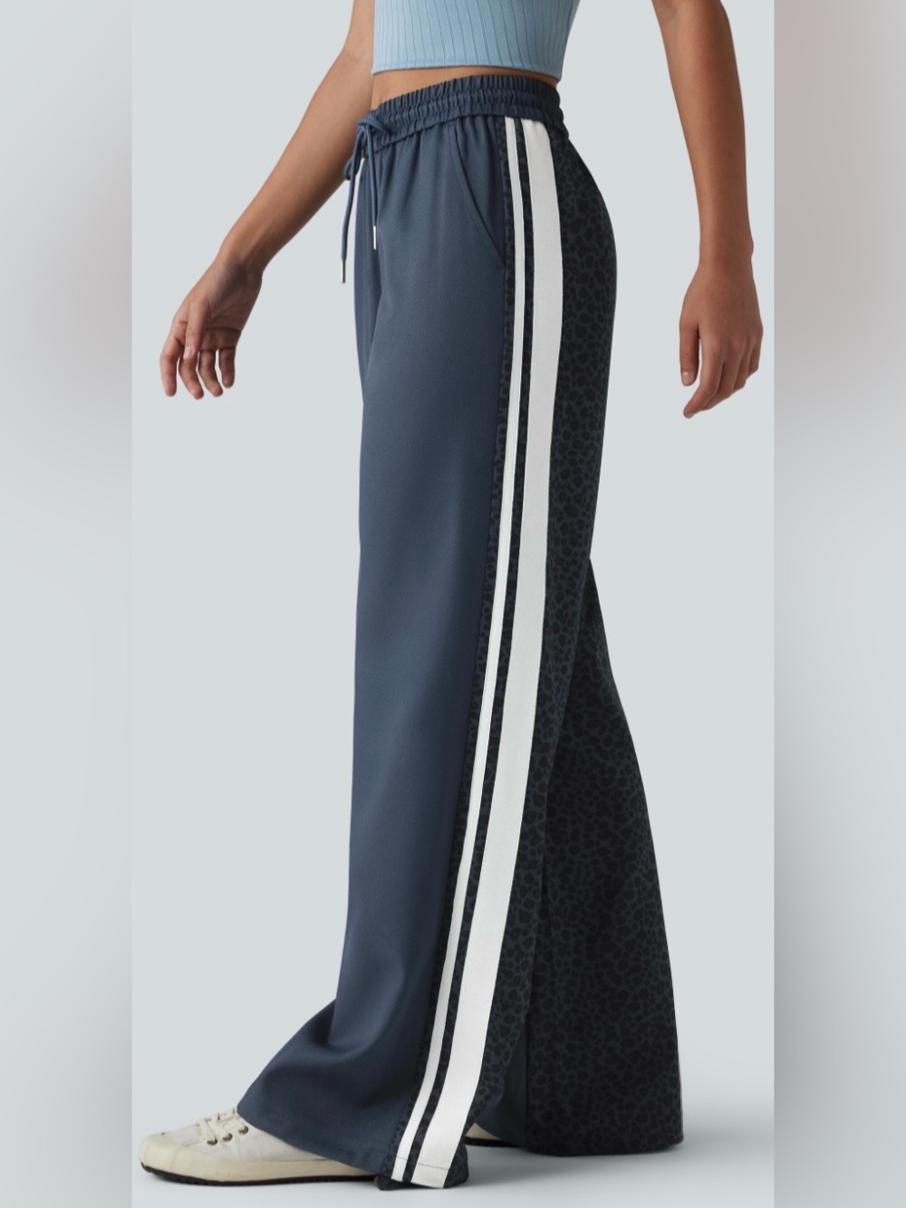 HALARA Mid Rise Drawstring Color Block Stripes Contrast Leopard Casual Pants